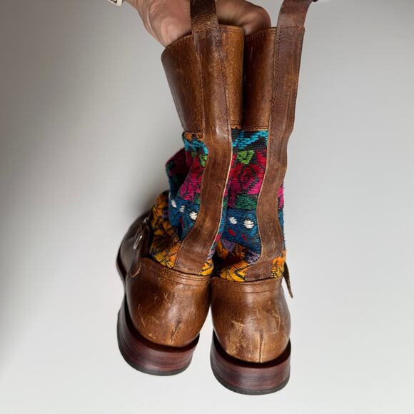 Colorful Huipil and Brown Leather Round Toe Engineer Buckle Boots EU 37 US 6 6.5 - Picture 5 of 7